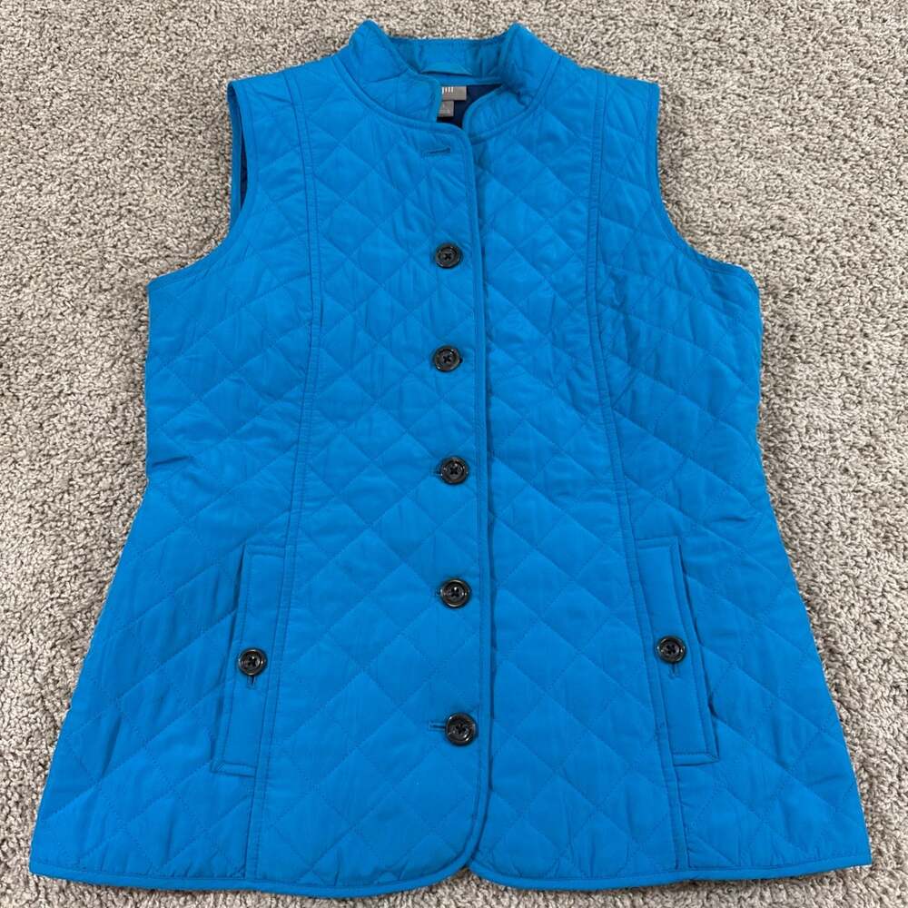 J Jill Quilted Vest Womens Small Petite Blue Button Front Lightweight EUC